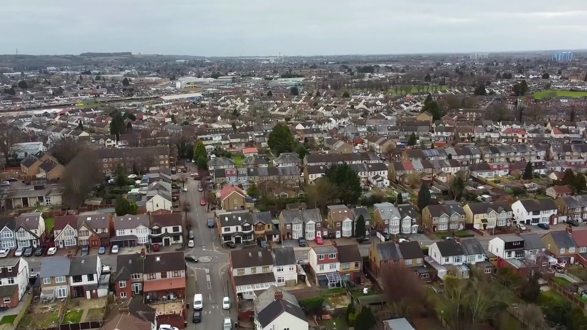 Aerial view across residential streets